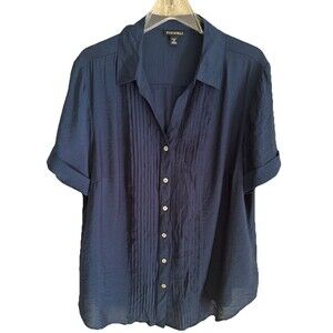 Women’s Collared Shirt Navy Blue Pin Tuck V-Neck Textured Lagenlook Plus Sz 2XL